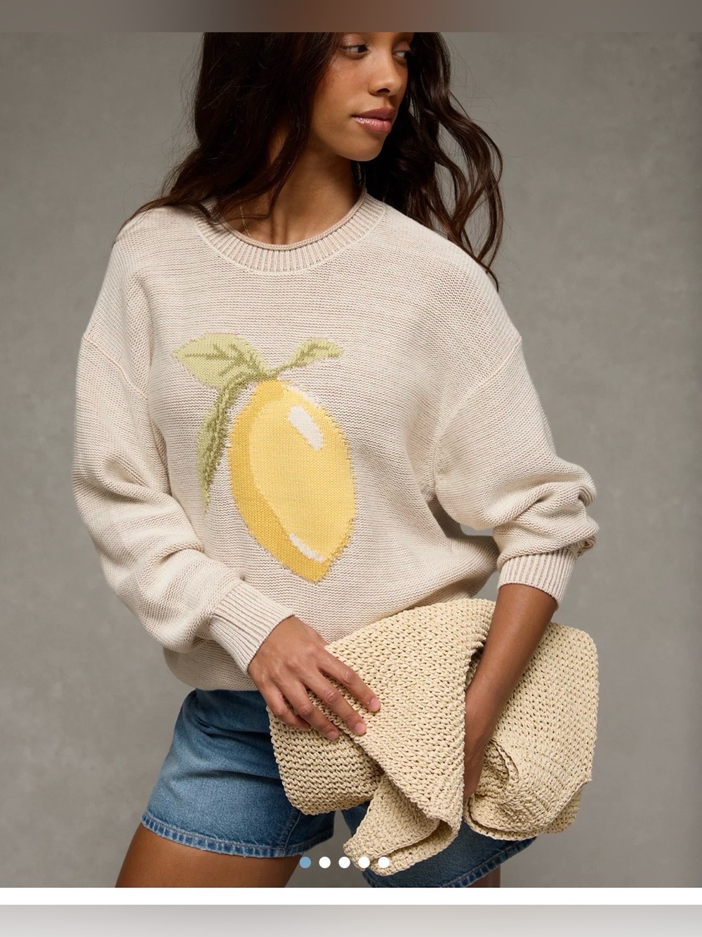 American Eagle Big Hug Oversized Lemon Sweater Knit Pullover Citrus Graphic M